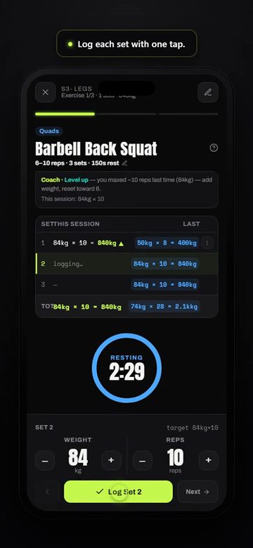 Logging a set mid-workout with last time's numbers to beat